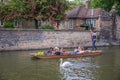 Tourists in the boat on the canal watching a swan, Cambridge, England, 21st of May 2017 Royalty Free Stock Photo