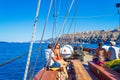 Tourists on boat after an exciting Santorini Caldera day trip Greece Royalty Free Stock Photo