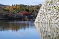 Tourists in a boat and watch beautiful autumn leave around Himej