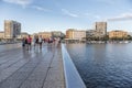 Tourists on the bridge over the Gulf of the Adriatic Sea in the evening in the city of Zadar. Royalty Free Stock Photo