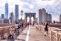 Tourists on the Brooklyn bridge, NYC, USA Royalty Free Stock Photo