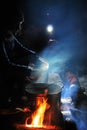 Tourists and campfire Royalty Free Stock Photo