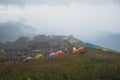 Tourists camping along wooden plank paths on top of Wugong Mountain Wugongshan