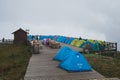 Tourists camping along wooden plank paths on top of Wugong Mountain Wugongshan