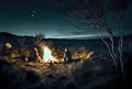 Tourists camping among the forest and lake with starry night sky background. Hobbies and leisure concept. Generative AI