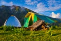 tourists camping tents with beautiful Nature scenery