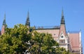 See this UNESCO site, the beautiful red roof with spires part of the Parliament House in Budapest, Hungary, a world heritage site. Royalty Free Stock Photo