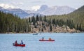 Tourists canoeing on Moraine Lake in Banff National Park, Alberta, Canada