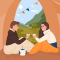 Tourists characters sitting inside of camping tent