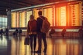 Tourists Checking Flight Schedules for Takeoff Time. AI