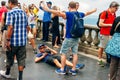 Tourists at The Christ the Redeemer statue a top the Corcovado Mountain in Rio de Janeiro, Brazil. Royalty Free Stock Photo