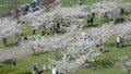 Tourists and citizens people recreate in spring city park