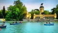 Tourists and citizens relax and swim in boats in the park of Buen Retiro in Madrid.
