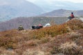 Tourists climb to the top of Runa mountain in Carpathians Royalty Free Stock Photo