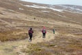 Tourists climb to the top of Runa mountain in Carpathians Royalty Free Stock Photo