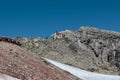 Tourists and Climbers Walking in Stone Path among Barren Mountains in Italian Dolomites Alps in Summer Time Royalty Free Stock Photo