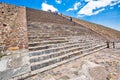 Tourists climbing landmark ancient Teotihuacan pyramids in Mexican Highlands