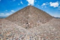 Tourists climbing landmark ancient Teotihuacan pyramids in Mexican Highlands