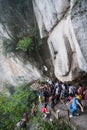 Tourists on steep mountain trail in Huashan mountain