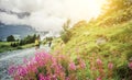 Tourists in cloudy alpine mountains