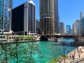 Tourists and commuters share the riverwalk where water taxi crosses under Dearborn St bridge on Chicago River Royalty Free Stock Photo