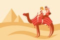 Tourists couple camel riders in the desert near Egypt pyramids