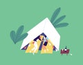 Tourists couple lying at camping tent decorated by flag garland vector flat illustration. Happy enamored pair sleeping Royalty Free Stock Photo