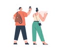 Tourists couple with map and mobile phone during summer holiday travel. Back of travelers man and woman going