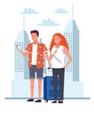 Tourists couple standing with suitcase and smartphone on the city characters