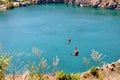 A zipline cable car across a radon lake near the village of Migia, Ukraine, has emerged on the site of an old granite quarry