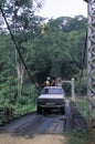 Tourists crossing suspended bridge in rain forest.