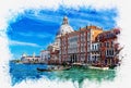 Tourists crossing tragetto through the Grand Canal, Venice, Veneto, Italy. Art sketch.