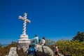 Tourists at the Cruz Alta view point in the Gardens of Pena Park at the municipality of Sintra