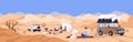 Tourists at desert camping. Sand dunes landscape panorama with people campers relaxing on picnic, tents, SUV cars in