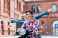 Tourists doing sightseeing tour in Berlin on Vespa Royalty Free Stock Photo