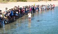 Tourists at the dolphin experience. Monkey Mia. Shark Bay. Western Australia