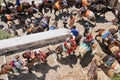 Tourists on donkeys cab in Santorini, Greece