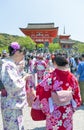 Tourists dressing up in traditional Kimono at Kiyomizu-dera Temple, famous Buddhist temple in Kyoto, Japan Royalty Free Stock Photo