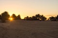 Tourists on dromedaries at sunset in the desert Royalty Free Stock Photo