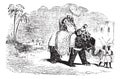 Tourists on an elephant ride, vintage engraving