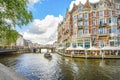 Tourists enjoy a relaxing waterfront lunch at a hotel on one of the major canals near the Museum District in Amsterdam Netherlands