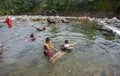 Tourists enjoy river tours in Lubuk Paraku, Bengek River, Padang City.