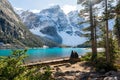 Tourists enjoying the beautiful scenery of Moraine lake. Banff National Park, Alberta, Canada. Royalty Free Stock Photo