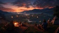 tourists enjoying tea by their tents in the evening, with sunset hues illuminating the surrounding nature