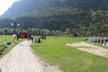 Tourists enjoying a walk in the beautiful Betaab Valley in Pahalgam, Kashmir