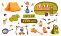 Tourists equipment and travel accessories vector set. Forest camping and hiking flat elements. Equipment for hiking