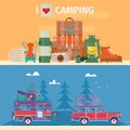 Tourists equipment and travel accessories vector set.Road trip, Adventure, Trailering, Camping concept background. Journey by car.