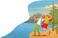 Tourists explore the beauty of nature, vacationers are photographed in the woods. Flat 2D character. Concept for web design