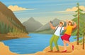 Tourists explore the beauty of nature, vacationers are photographed in the woods. Illustration concept for animation