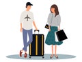 Tourists family. Young man and woman with a suitcase waiting their flight at the airport.Vector illustration on white background